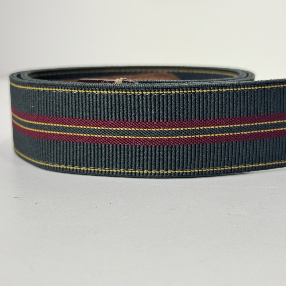 Trafalgar Green Striped Canvas Belt with Leather Tabs USA Mens 36 Brass Buckle - Picture 3 of 9